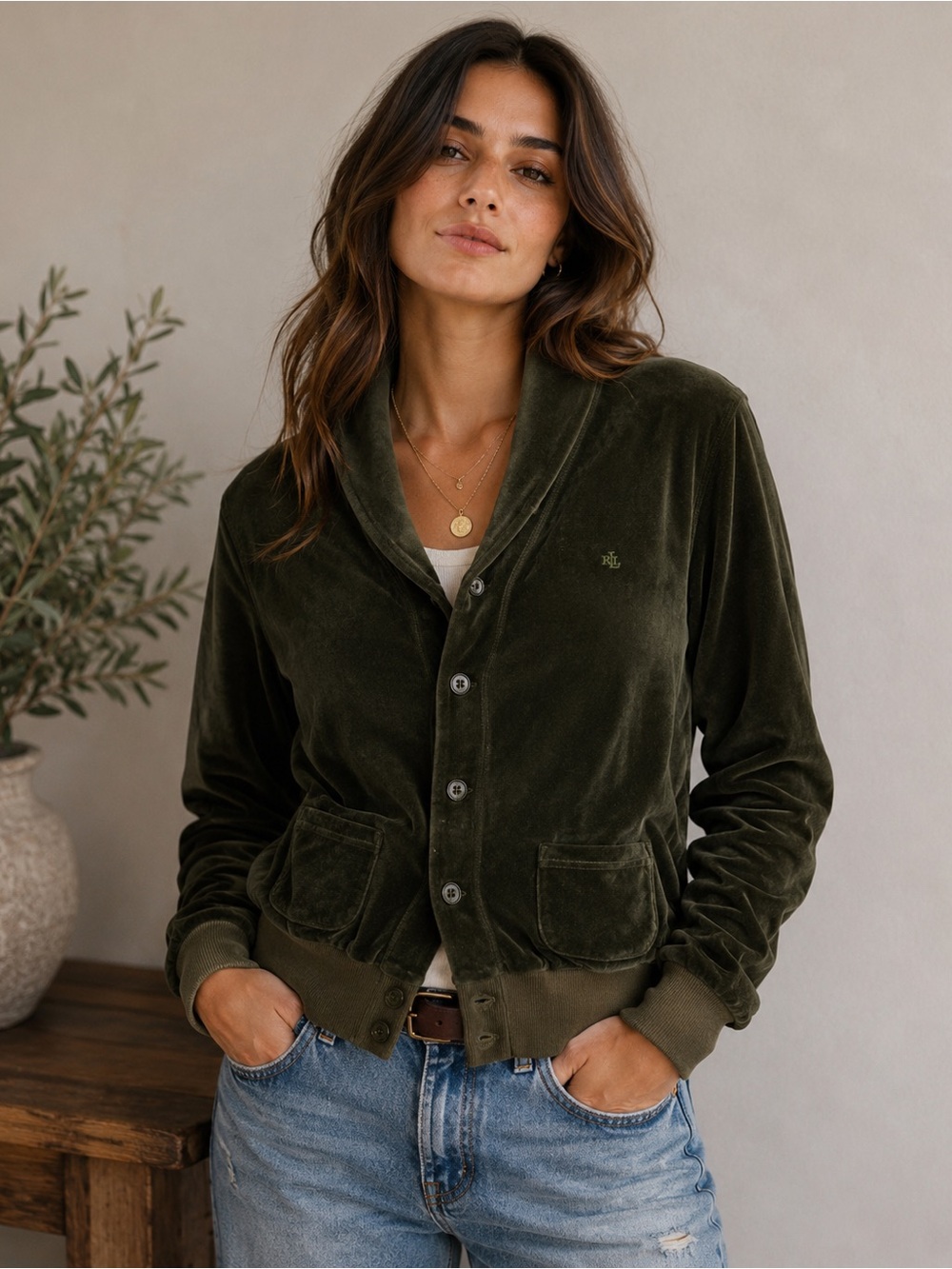 Lauren Ralph Lauren Vintage Olive Green Velvet Velour Shawl Collar Jacket Large
